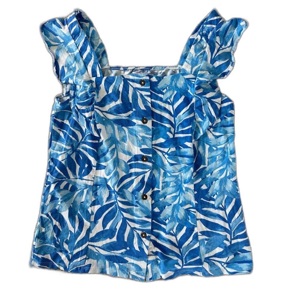 Stella parker Collection Tropical Print Ruffle Top Blue Women's Small